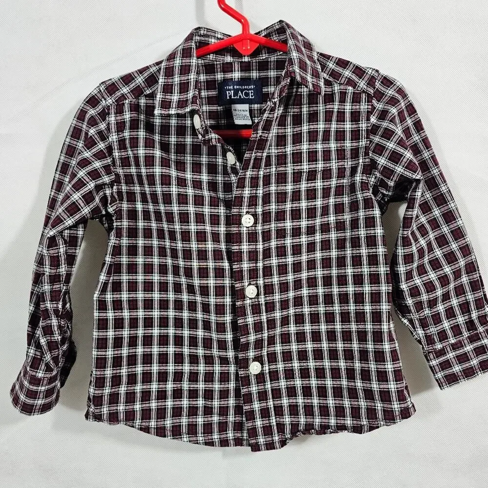 The Children's Place Infant Boy's Button-Down Red Plaid Oxford Shirt 18-…